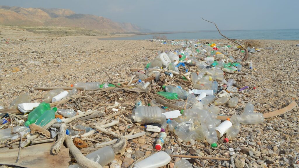 Large quantities of plastic seen along the Dead Sea coastline.(photo credit: Charles Everhard)